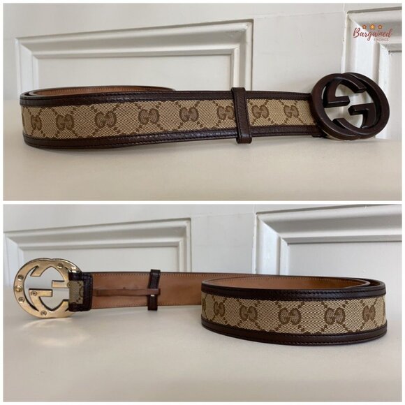 Authentic GUCCI Brown Monogram Canvas Bamboo Interlocking G Buckle Belt 80/32 - Picture 10 of 13